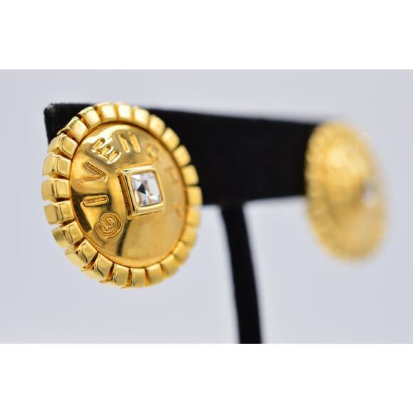 Givenchy Vintage Logo Earrings Crystal Block Letter Button Gold Signed 80s BinAF - Picture 4 of 12